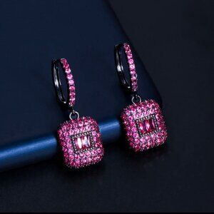 NEW Pink Swarovski Crystal Pave Dangle Huggie Earrings Black Gold Plated Glam